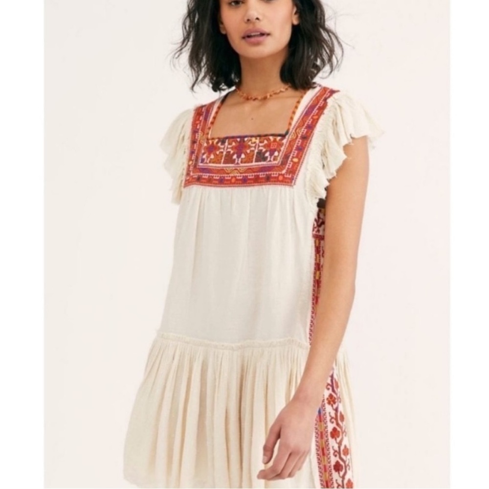 Free People Ivory Peasant Dress with Red Embroidered Yoke